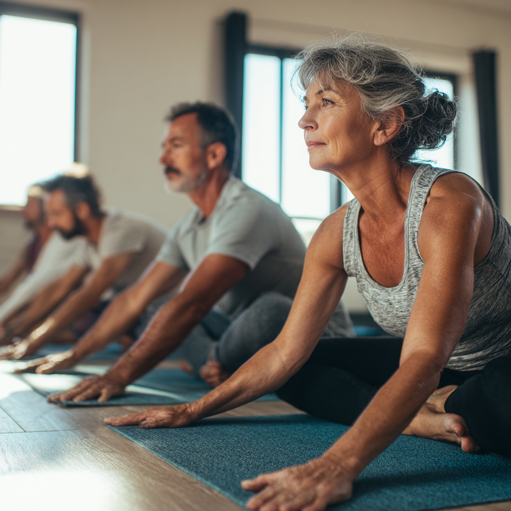 middle-aged adults doing gentle stretching exercises in natural light