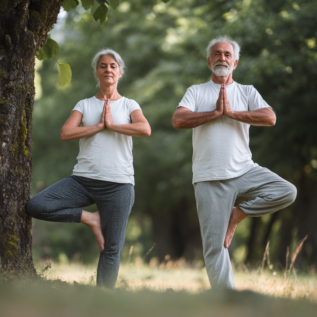 older adults practicing balance exercises in peaceful outdoor setting